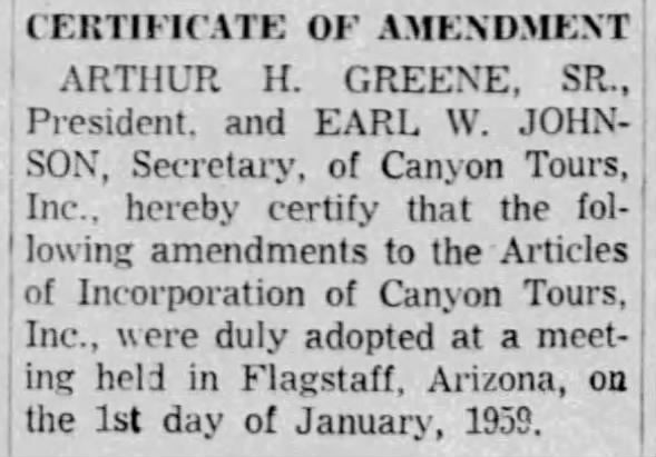 Certificate of Amendment for Canyon Tours, Inc. Earl and Art Greene, Sr. Jan 1, 1959
